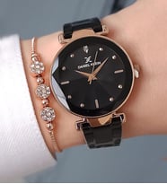Yeni Model Kesme Camlı Çelik Bilezik Siyah Kadın Kol Saati + Zirkon Taşlı Bileklik