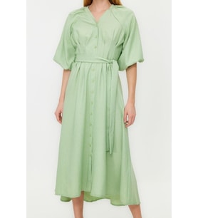 Moda Regular Günlük Keten Görünümlü Dokuma V Yaka Truvakar Kol Kol A-Line Maxi Boy Tesettür Elbise