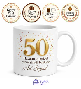İsimli Kupa 50 Yaş Doğum Günü Baskılı Hediye Bardak Özel Tasarım