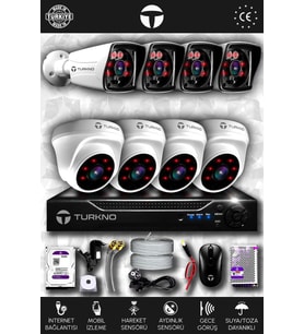 TURKNO 8 Kameralı Karia 4 İç Kamera Set 500 GB HDD Full HD Gece Görüşlü Güvenlik Kamerası Sistemi