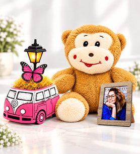 Kişiye Özel Fotoğraflı Peluş Maymun ve Pembe Vosvos Minibüs Masa Lambası Hediye Seti