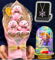 Size Özel Renkli Led Işıklı Fanus, Büyük Boy Ayıcık Buketi ve Gerçek Ametist Taşlı Lotus Kolye (Model 8)