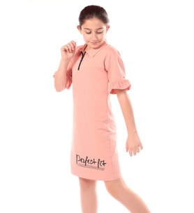 Toontoy Kız Çocuk Yakalı Fermuar Detaylı Perfect Fit Baskılı Elbise (Koyu Pudra)