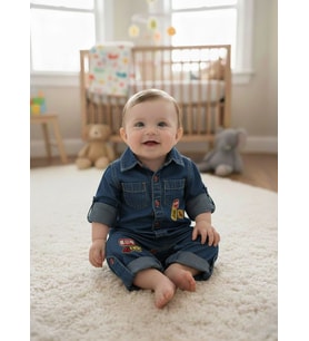 Jean Kumaş Unisex Bayramlık Bebek Uzun Tulum 12324 (Mavi)