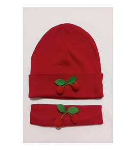 LASTİKLİ KİRAZLI KIZ ŞAPKA BANDANA SETİ (Kırmızı)