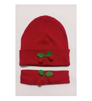 LASTİKLİ KİRAZLI KIZ ŞAPKA BANDANA SETİ (Kırmızı)