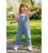 Hasır Şapkalı Çiçekli Kot Salopet Kız Bebek Çocuk 3'lü Takım 6/9 Ay, 9/12 Ay, 12/18 Ay, 18/24 Ay (Pembe)