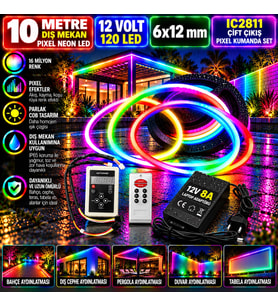 10M 12V 6x12mm 120 Ledli Dış Mekan Pixel Neon Led 8A Laptop Adaptör IC2811 Çift Çıkış Pixel Kumanda