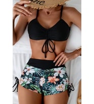 Angelsin Büzgü Ayarlı Baskılı Bikini Takımı (Siyah)