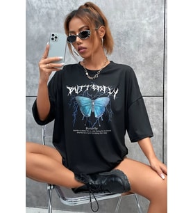 Unisex Blue Butterfly Baskılı Tshirt (Siyah)
