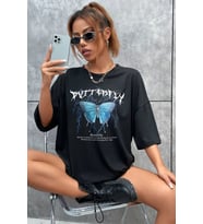 Unisex Blue Butterfly Baskılı Tshirt (Siyah)