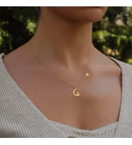 Kişiye Özel 925 Ayar Gümüş Hilal Kedi Charm Yıldız Kolye (Gold)
