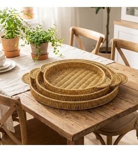 İç İçe Geçebilen 3’lü Yuvarlak Plastik Rattan Tepsi Seti–Hasır Görünümlü Çok Amaçlı Servis ve Sunum Tepsileri (5343)