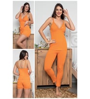 Kadın Turuncu Renkli Dantel Detaylı Şortlu Ve Taytlı Pijama Takımı 3'lü Set 75002