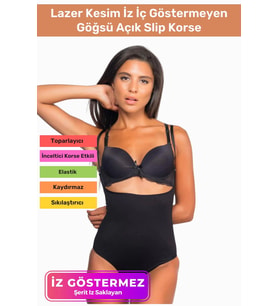 Özel Üretim Lazer Kesim İz Göstermeyen Kaymaz Toparlayıcı Vücut Şekillendirici Göğsü Açık Slip Korse (Siyah)