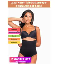 Özel Üretim Lazer Kesim İz Göstermeyen Kaymaz Toparlayıcı Vücut Şekillendirici Göğsü Açık Slip Korse (Siyah)