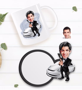BK Gift Kişiye Özel Erkek Ajan Karikatürlü Beyaz Kupa ve Ahşap Bardak Altlığı Hediye Seti-1