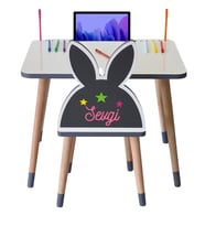 Çocuk Masa Sandalye Takımı Tekli (Pembe Kelebekli) Tablet, Telefon Kalem yeri, Yaz Sil Özellikli Yüzey Masa (Açık Gri)