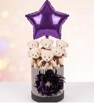 Premium Mor Konsept Yıldız Balonlu Peluş Ayıcık Buketi, Hediye Kutusu, Gift Box -Sevgiliye, Arkadaşa, Anneye Sürpriz Doğum Günü & Tebrik - Kutlama Hediyesi (Mor-Beyaz)
