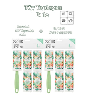 Porsima 3107 Kedi Köpek Tüy Toplayıcı Rulo + 10 Adet Rulo + 2 Adet Tutma Aparatı Toplam 300 Yaprak Yeşil