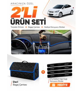 HYUNDAİ ACCENT BLUE (2011-2017) Uyumlu Torpido Örtüsü + Deri Bagaj Çantası + Sticker Seti - Siyah Mavi