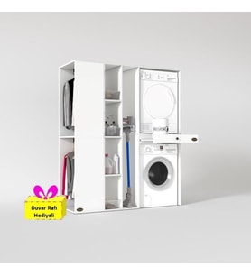 Kenzlife çamaşır-kurutma makinesi dolabı ve giysi dolabı çekmeceli attar sol byz 187*160*60  + tekli duvar rafı hediye (Beyaz)