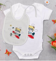 BK Kids Sevimli Pilot Tasarımlı Bebek Body Zıbın ve Mama Önlüğü Hediye Seti - Model 1
