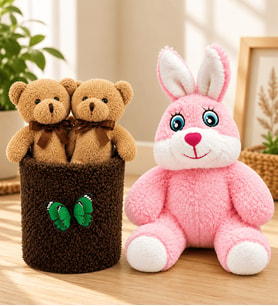 Pembe Peluş Tavşan ve Peluş Saksıda Ayıcıklar Buketi Sevgiliye Kadına Arkadaşa Hediye