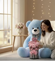 Premium 90 cm Peluş Ayı ve Silindir Kutuda, Kalpli Balonlu 6’lı Pembe Ayıcık Buketi (Açık Mavi)