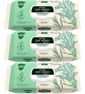 Komili Islak Havlu Mendil 50 Yaprak (3 Lü Set) Çay Ağacı Serisi Antibakteriyel (150 Yaprak)