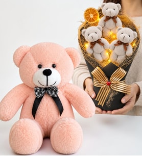 LED Işıklı Gri Peluş Ayıcık Buketi ve 50 cm Pembe Peluş Ayıcık Hediye Seti