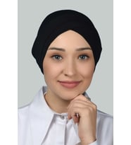 Dört Bantlı Çapraz Dış Tesettür Bonesi Hazır Türban Penye (Siyah)