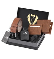 Polo Air Erkek Damat Çeyiz Kutulu 4'lü Profesyonel Koleksiyon Set Kemer, Cüzdan, Kartlık, Parfüm P-DMT-0009 (Taba)