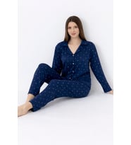 CharMe Kadın Lacivert Desenli Düğmeli Uzun Kollu Rahat Pijama Takımı