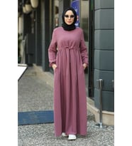 6497-Krep Süs Bağcıklı  Büzgülü  Elbise Gül Kurusu
