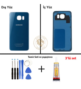 Samsung Galaxy S6 Mavi Renk Arka Kapak + Tamir Seti + B7000 Yapıştırıcı Arka Cam Batarya Kapağı Pil Kapağı Lazer Kesim Back Cover Galaxy S6 Uyumlu