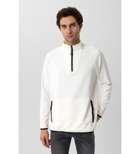 Süvari Fermuarlı Yaka Modal Kumaş Esnek Beyaz Erkek Sweatshirt 