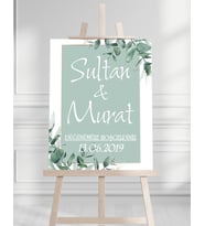 Söz Nişan Düğün İçin 50x70 Karşılama Panosu - Yeşil Yaprak Tasarımlı 004