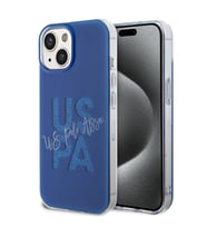 Apple iPhone 15 Uyumlu Kılıf U.S. Polo Assn. Orjinal Lisanslı Simli Parlak Alfabe Tasarım Kapak (Mavi)
