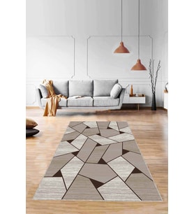 Bej Geometrik Kaymaz Tabanlı Makinede Yıkanabilir Halı WL08 - 100 x 160 cm