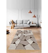 Bej Geometrik Kaymaz Tabanlı Makinede Yıkanabilir Halı WL08 - 100 x 160 cm