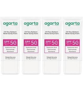 Agarta Cilt Tonu Eşitleyici Renkli Kapatıcı Etkili Spf+50 Faktör Güneş Kremi 50 ML (4 Lü Set)