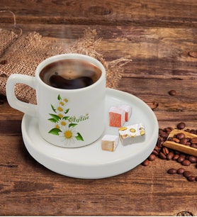 BK Gift Kişiye Özel Papatya Tasarımlı Sunum Tabaklı Türk Kahvesi Fincanı Model 8