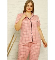 Giyim Kadın Pamuklu Cepli Kısa Kol Büyük Beden Pijama Takım Pembe