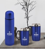 BK Gift Kişiye Özel Deri Çantalı Mavi Seyahat Termosu ve İkili Termos Mug Hediye Seti -7