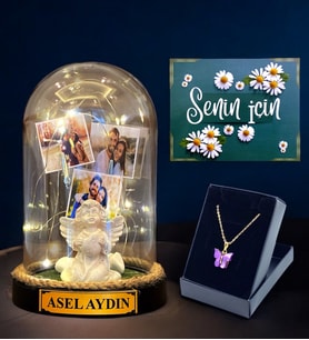 Size Özel Hazırlanacak Hediye Seti, İsimli 3 Fotoğraflı Led Işıklı Fanus ve Kelebek Kolye (Model 9)