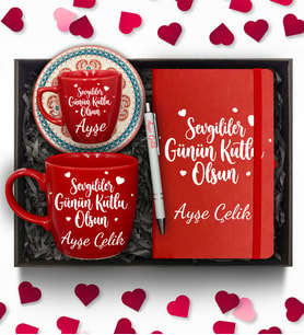 Kişiye Özel Kırmızı Defter & Kırmızı Fincan & Kırmızı Kupa & Beyaz Kalem Hediye Seti
