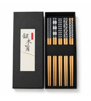 Valkyrie 5 Çift Doğal Ahşap Yemek Çubuğu Seti Japon Desenli Kaymaz Uçlu Kutulu 22,5cm Chopstick Seti