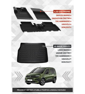 Sahler Peugeot Rifter 2019+ Uyumlu 4.5D Premium Havuzlu Oto Paspas Ve Liner Marka 3D Bagaj Havuzu