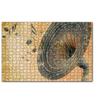 Cakapuzzle Gramofon ve Notalar Sarı Eskitme Arkaplan  Puzzle Yapboz MDF (Ahşap) (120 Parça)